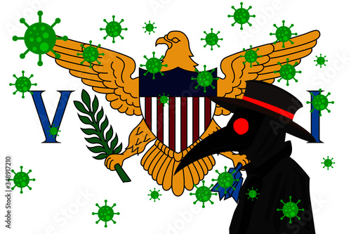 Black plague doctor surrounded by viruses with copy space with VIRGIN ISLANDS flag.