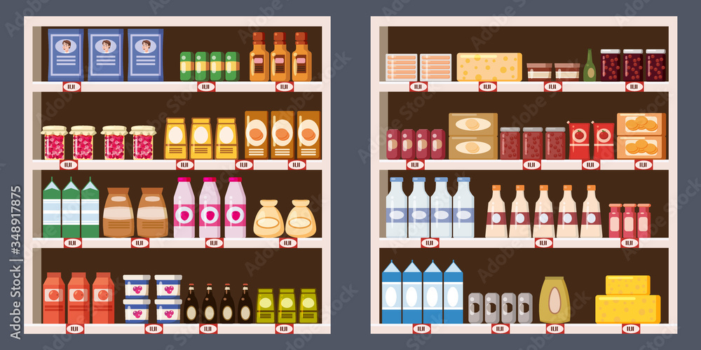 Supermarket shelves with dairy products. Vector background.