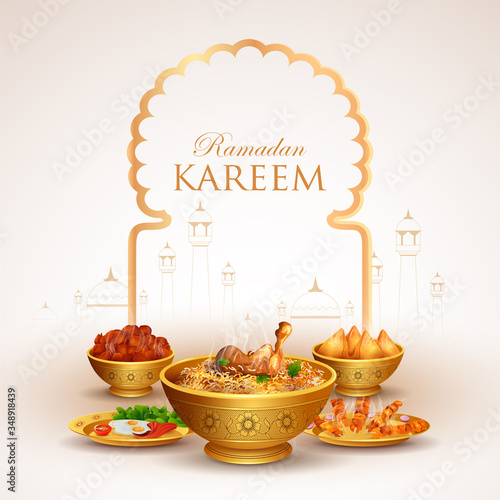 vector illustration of Ramadan Kareem Greetings for Ramadan background with Iftar Food and Drink