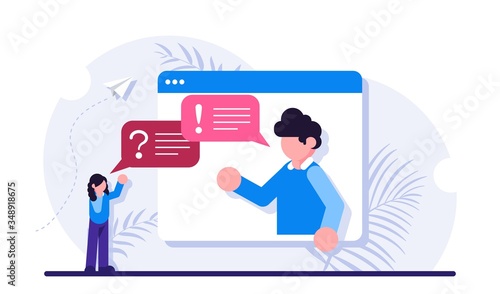 Concept of consulting service for business, professional advice, expert opinion. Consultant, advisor or manager answering questions and providing information. Modern flat vector illustration.