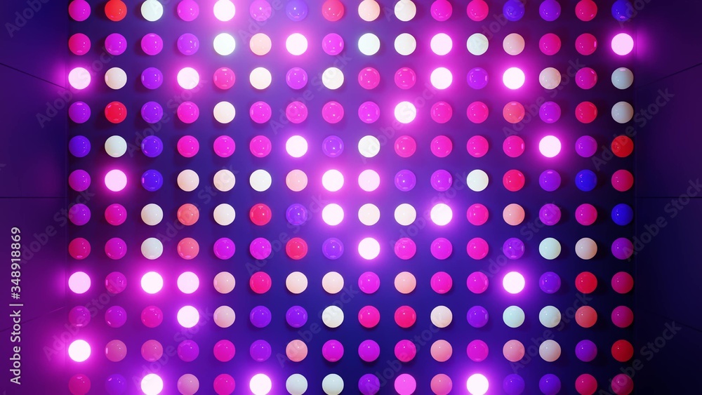Abstract composition of colorful balls in plane, which randomly light up and reflect in each other. Multicolored spheres like leds as simple geometric dark background with light effects.