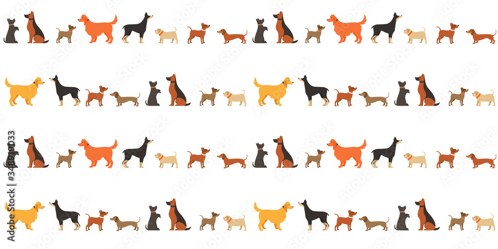 Cute dog pets seamless pattern vector illustrations. Cartoon flat design with black brown doggy or funny puppy and different dog breed pattern food design for decoration, wrapping paper and fabric Cute dog pets seamless pattern vector illustrations. Cartoon flat design with black brown doggy or funny puppy and different dog breed pattern food design for decoration, wrapping paper and fabric