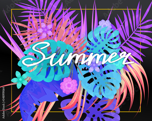 Summer trendy neon tropical leaves exotical plants palm jungle leaf lettering