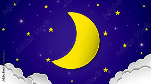 Paper art style Night sky with Waxing crescent moon, stars and clouds on 3d space background. 3d rendering, 3d illustration.