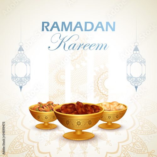 vector illustration of Ramadan Kareem Greetings for Ramadan background with Iftar Food and Drink