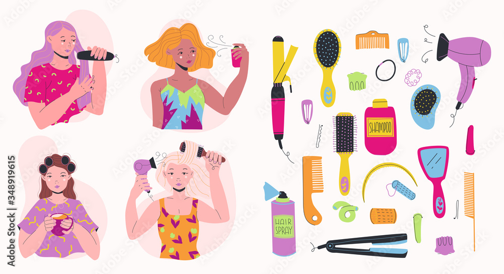 Set of beautiful women hair carers and various hair styling assistants. Flat vcetor illustration. All elements are isolated.