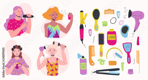 Set of beautiful women hair carers and various hair styling assistants. Flat vcetor illustration. All elements are isolated.