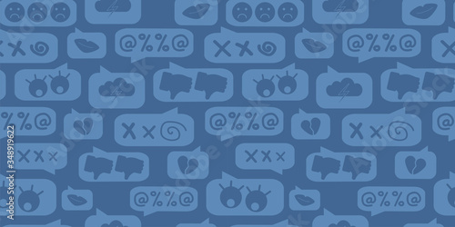 seamless pattern of chat with cyberbullying, online bullying on a dark blue background.
