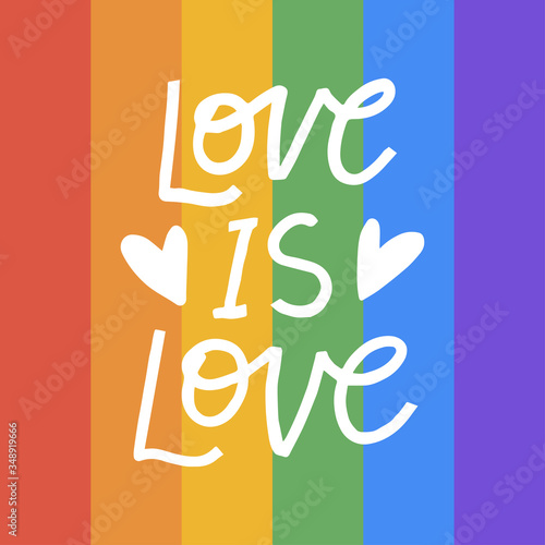 Love Is love hand drawn lettering phrase on rainbow background.