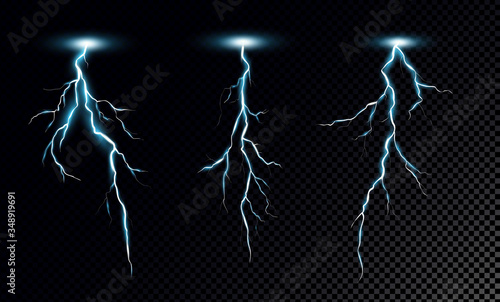 Lightning bolts realistic vector illustrations set. Thunderstorm electricity discharge isolated on transparent background. Natural phenomena, blue thunderbolt flares