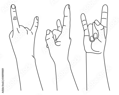 Set of hand position with rock gesture in different views. Vector illustration in outline style isolated on white background.