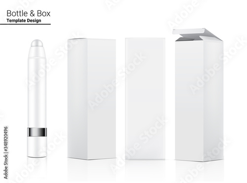 Glossy Lipstick Tube or Foundation makeup Mock up Realistic Cosmetic and 3 Dimensional Box for  Skincare merchandise on White Background Illustration. Healthcare and Medical.