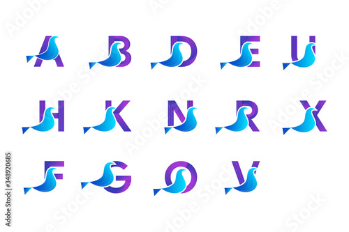 Set of combination alphabet use purple with bird use blue gradient color. alphabet bird logo or icon. 