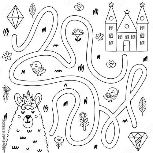 Help the king llama get to his castle. Black and white maze game for kids