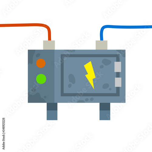 Switchboard. High voltage sensor. Technical industrial appliance. Danger sign - yellow lightning. Current switch. Cartoon flat illustration. Fuse and electrical engineering. Electrical wires in box