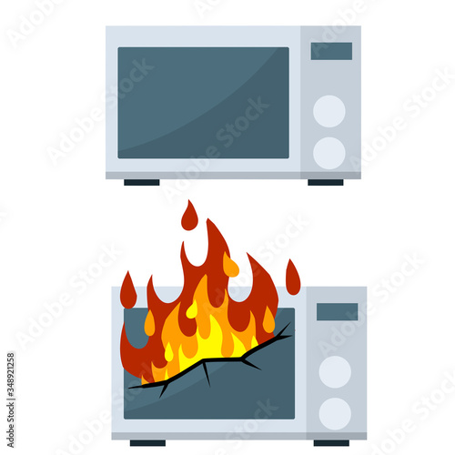 Set of home electrical appliances. Broken microwave. Damaged device. Cartoon flat illustration. Fire safety.