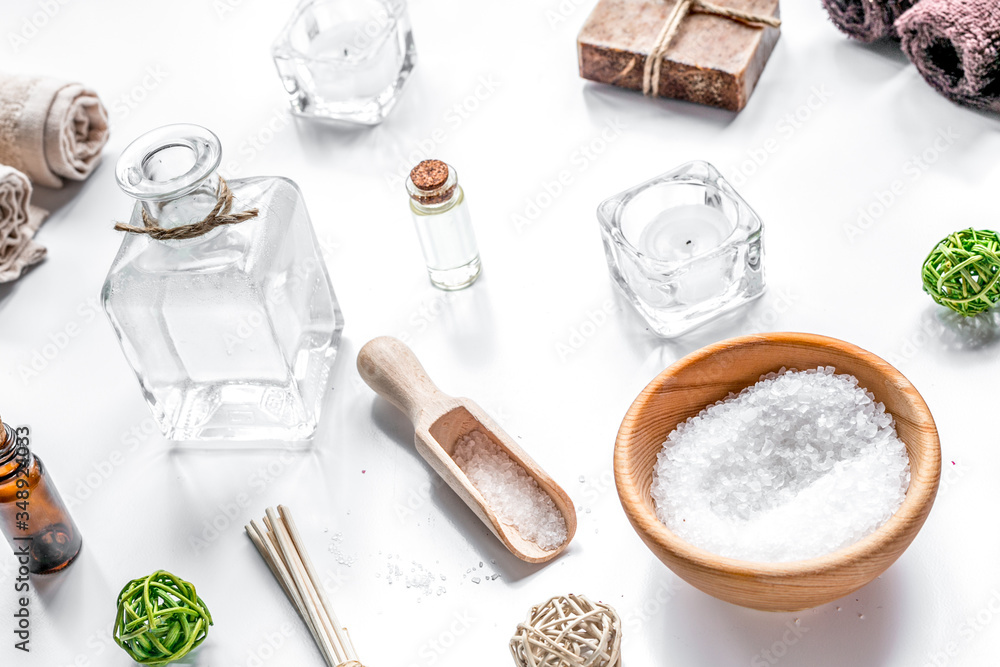 bathroom salt and aroma oil for spa on white background bathroom salt and aroma oil for spa on white background