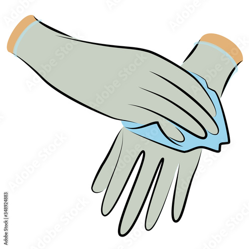Wear sterile gloves. Wipe with an antiseptic cloth. Hygienic procedure. Disease prevention, good for health. Vector illustration