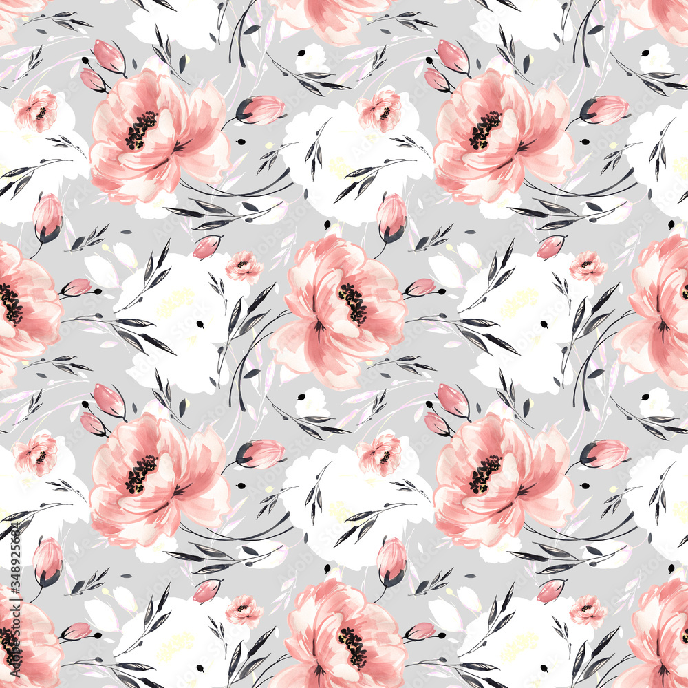 Fototapeta Stylish print for decoration and fabric design. Seamless watercolor pattern drawn on paper a beautiful flower.