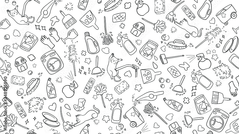cute kawaii seamless black and white doodle background of household cleaning item icon collection