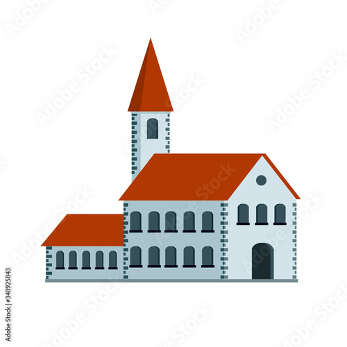 City hall with red roof. Old guildhouse. European architecture and landmark. Administration of a small town. Catholic Christian Cathedral. Cartoon flat illustration. Church with tower