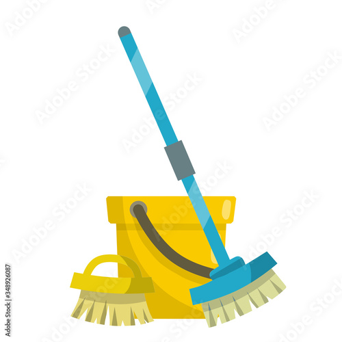 Set of items for cleaning the house. Yellow bucket, MOP, brush. Housekeeping and cleanliness. Cartoon flat illustration