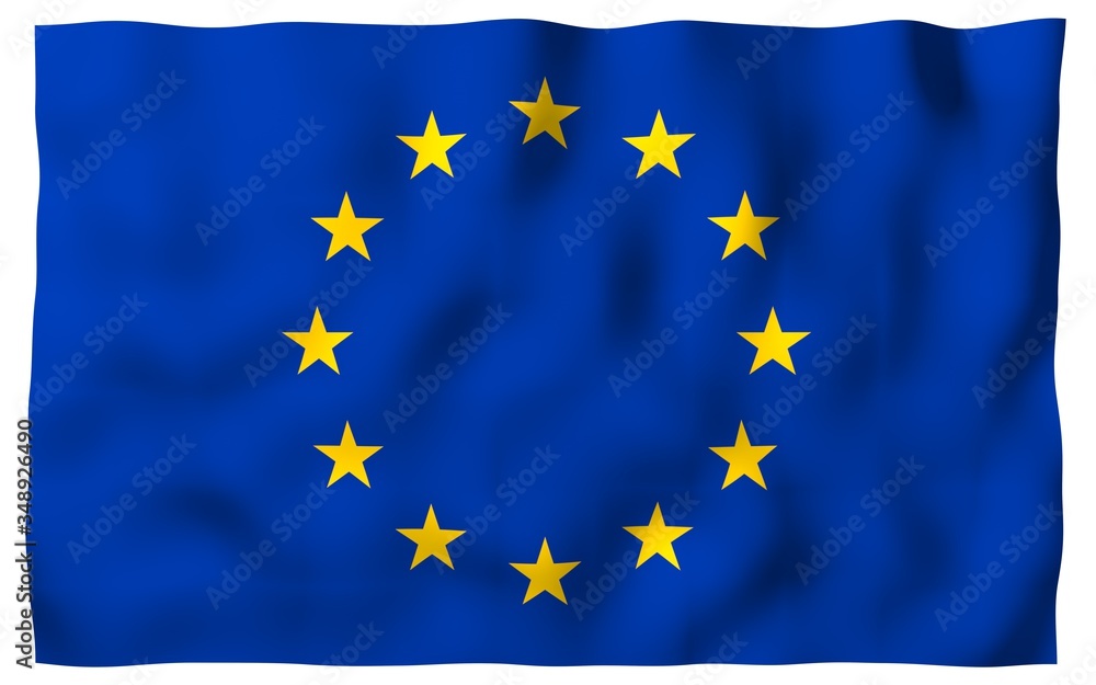 Slightly waving flag of the European Union isolated on white background, 3D rendering. Symbol of Europe. 3D illustration Slightly waving flag of the European Union isolated on white background, 3D rendering. Symbol of Europe. 3D illustration