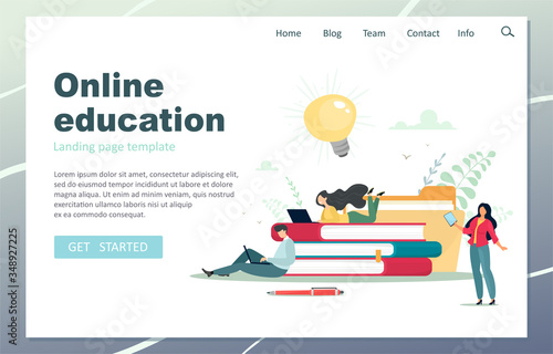 Online education landing page. Male teacher giving online lessons. Vector illustration in cartoon flat style.
