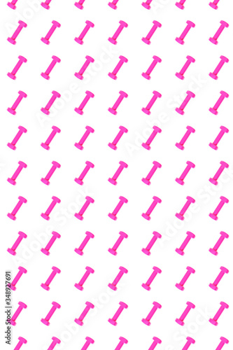 Pink dumbbell pattern on white background, isolated. Creative layout for sport fitness equipment, concept. Minimal style, flat lay, top view. Copy space.