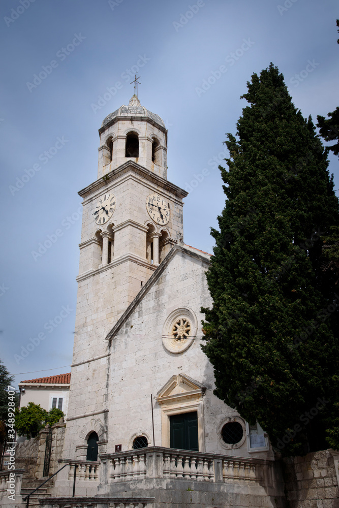 Church tower, in Cavtat or Ragusavecchi, city located in Dalmatia, on the Adriatic sea coast, Croatia, Europe
