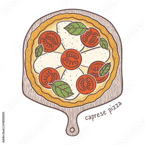 Caprese Pizza with tomato and mozzarella and basil, sketching illustration