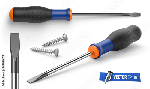 Tournevis plats et vis vectoriels sur fond blanc