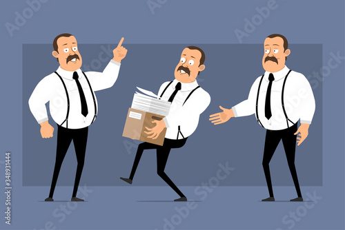 Cartoon flat funny cute fat office worker with mustache and black tie. Ready for animation. Man carrying box of papers and shaking hands. Isolated on blue background. Vector icon set.