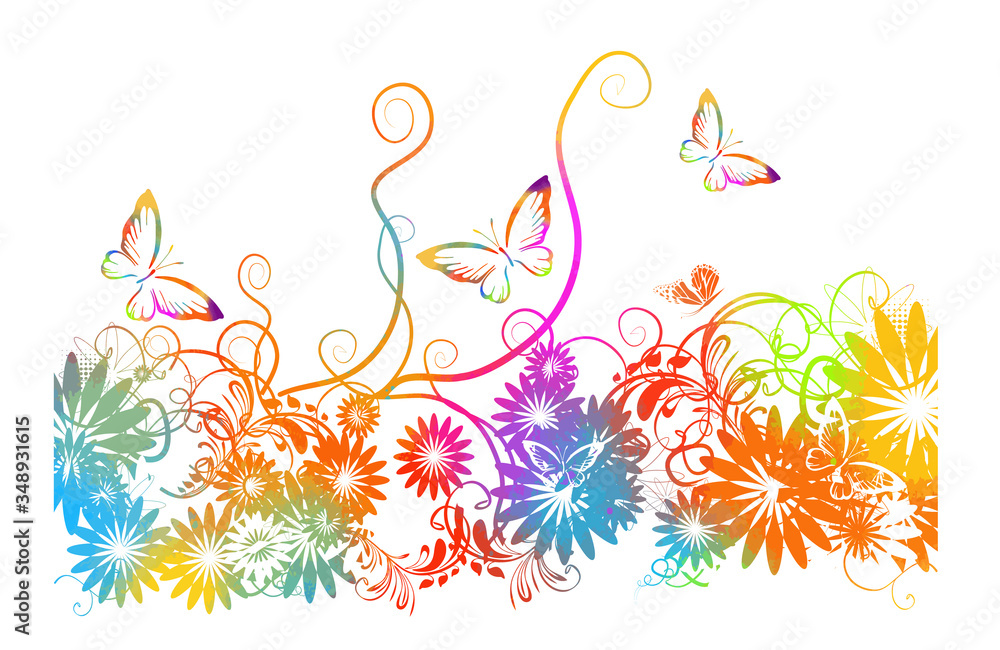 A multi-colored floral abstraction with rainbow butterflies. Mixed media. Vector illustration