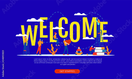 Welcome big word with small people vector illustration concept template background can be use for presentation web banner UI UX landing page