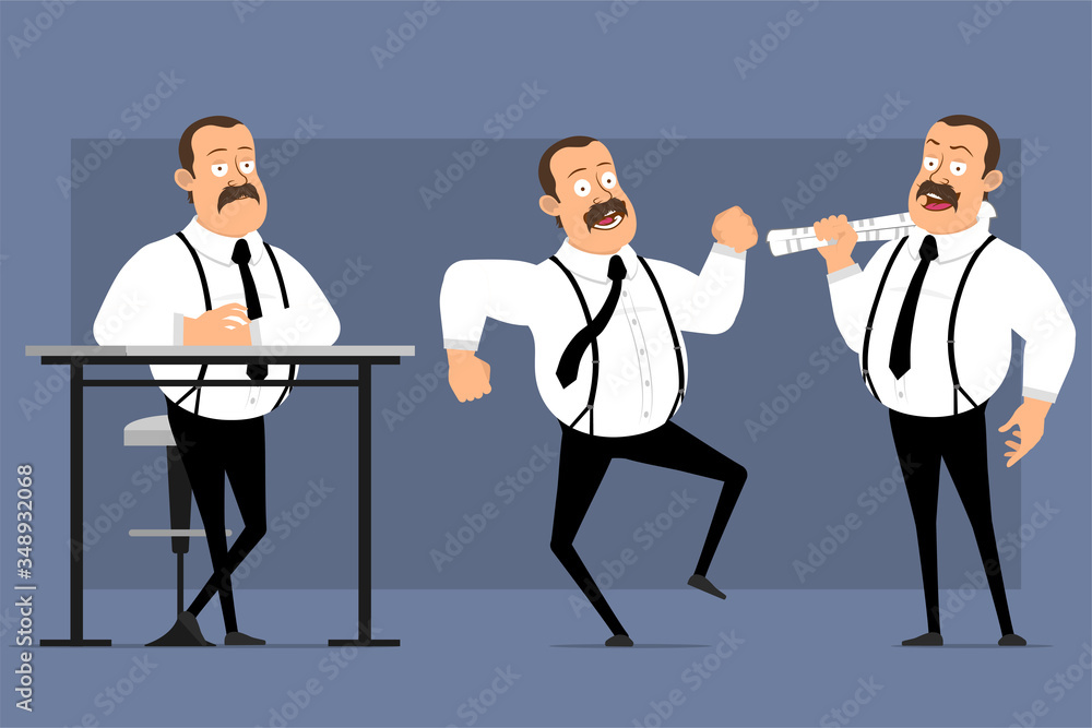 Obraz premium Cartoon flat funny cute fat office worker with mustache and black tie. Ready for animation. Man dancing, holding newspaper and standing behind table. Isolated on blue background. Vector icon set.