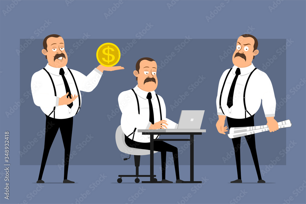 Cartoon flat funny cute fat office worker with mustache and black tie. Ready for animation. Man holding dollar coin sign and working on laptop. Isolated on blue background. Vector icon set.