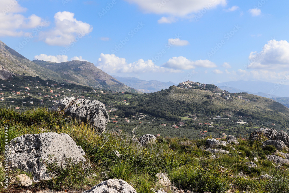 Italy, Lazio, Formia - medieval village of Castellonorato seen from Monte Campese