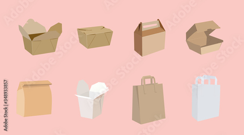 Vector Isolated Set of Different Paper Bags or Take Away Boxes