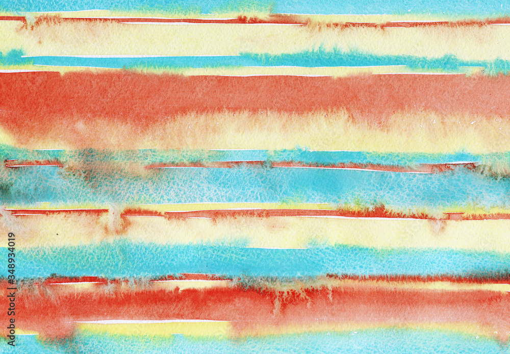 Hand painted abstract Watercolor Wet yellow, turquoise and orange Background with stripes. Watercolor wash. Abstract painting. design for invitation, greeting card, wedding. empty space for text