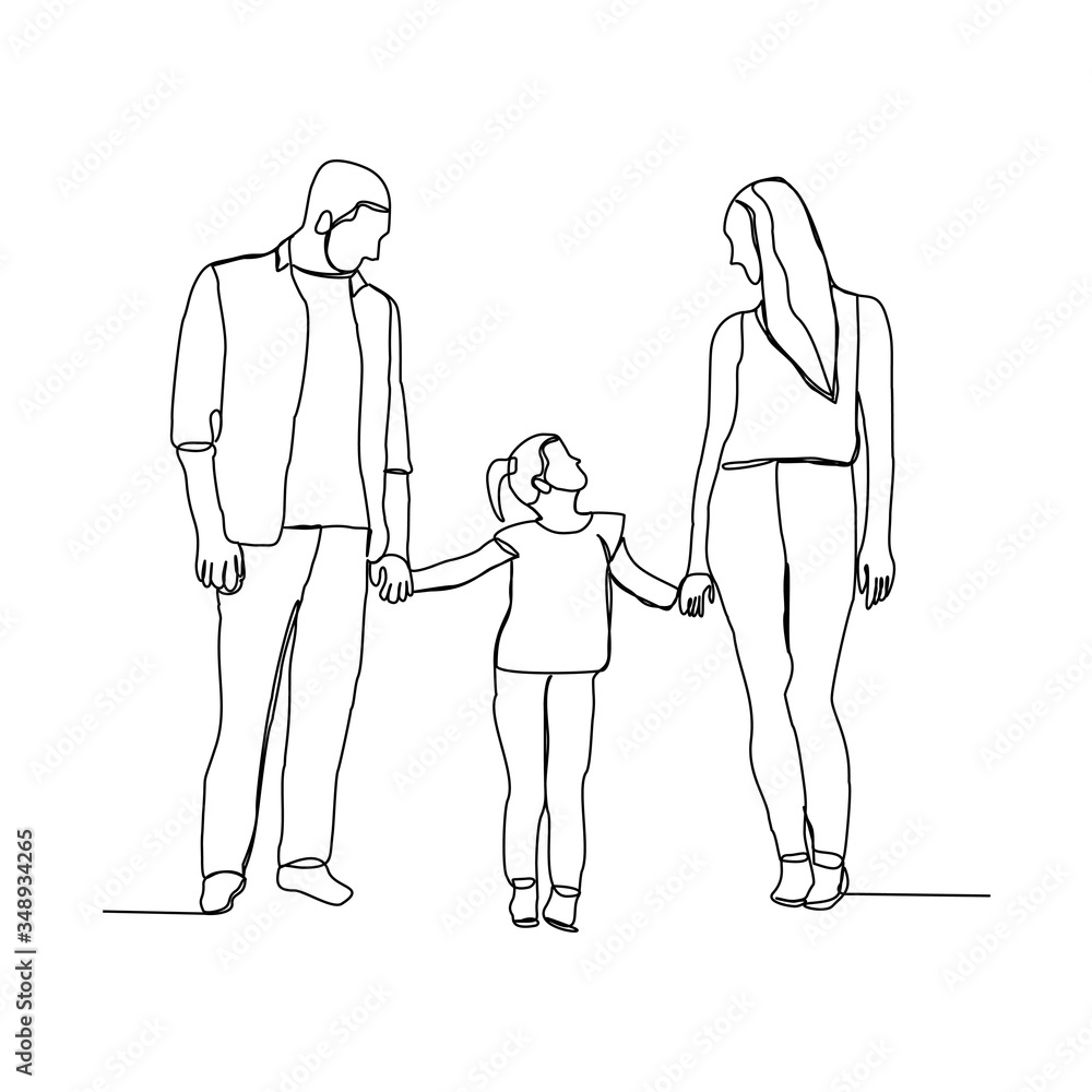 Continuous line drawing of happy family dad, mom, and child. Single line art concept of small family. Vector illustration Continuous line drawing of happy family dad, mom, and child. Single line art concept of small family. Vector illustration