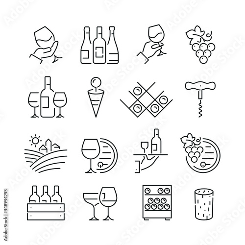 Wine related icons: thin vector icon set, black and white kit