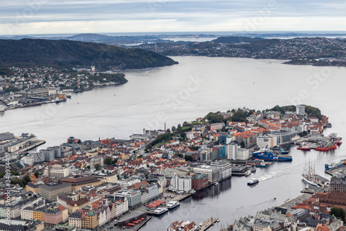 Bergen city center and Northern sea panoramic aerial view from Floyfjellet observation deck on cloudy autumn day. Bergen, Norway  © Kathrine Andi