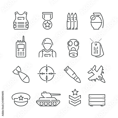 Army related icons: thin vector icon set, black and white kit