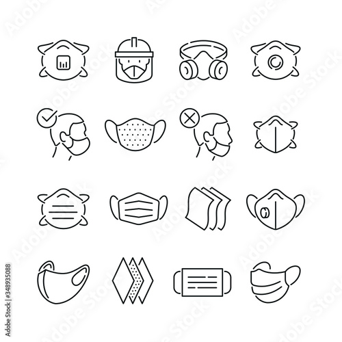 Face mask related icons: thin vector icon set, black and white kit