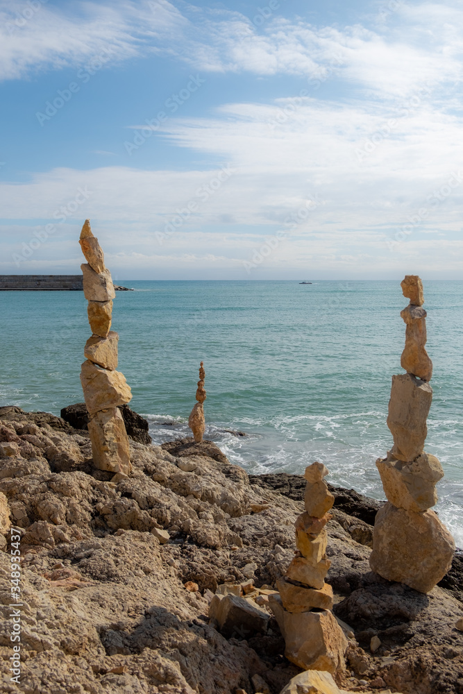 Stone sculptures in Zen balance on the south coast of Peñíscola, Mediterranean Sea
Stone sculptures in Zen balance on the south coast of Peñíscola, Mediterranean Sea