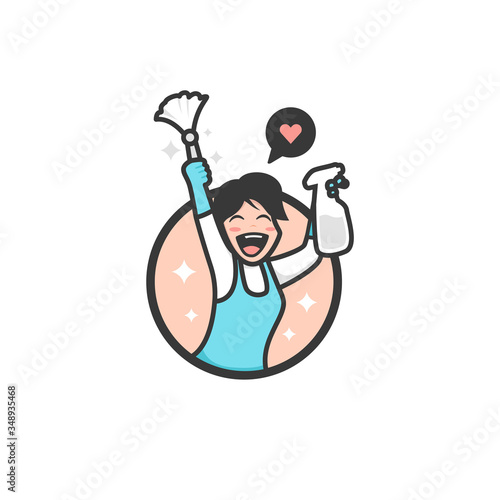 Vector cleaning service maid girl with exiting happy passionate expression character mascot for cleaning company logo branding