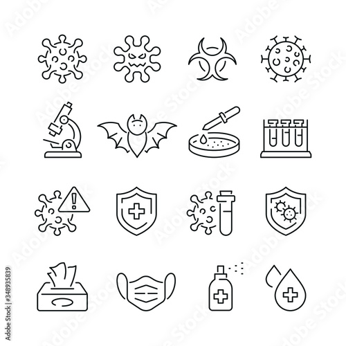 Coronavirus related icons: thin vector icon set, black and white kit