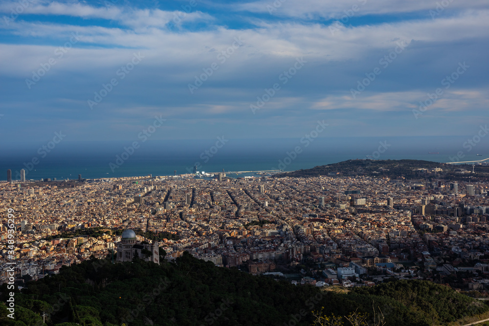 Aerial view of Barcelona city from Tibidabo mountain