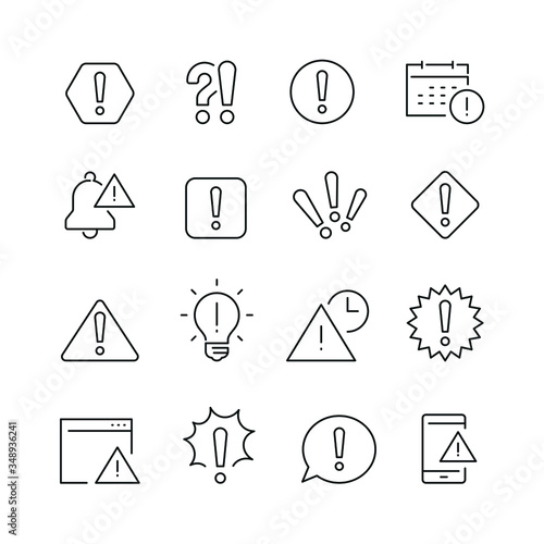 Exclamation mark related icons: thin vector icon set, black and white kit